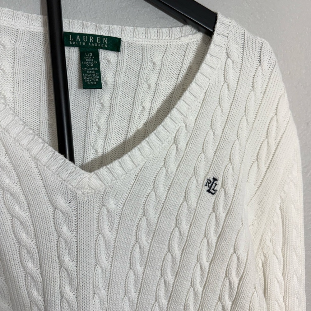 Polo Ralph Lauren Cable Knit V Neck Sweater White Women’s Size L - Picture 5 of 8